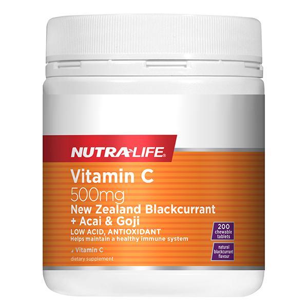 Nutralife Vitamin C 500mg Blackcurrant, Acai, and Goji 200 Tablets
