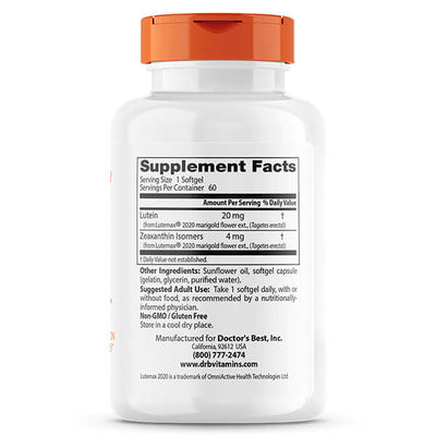 Doctor's Best Lutein Featuring Lutemax 20mg 60 Softgels