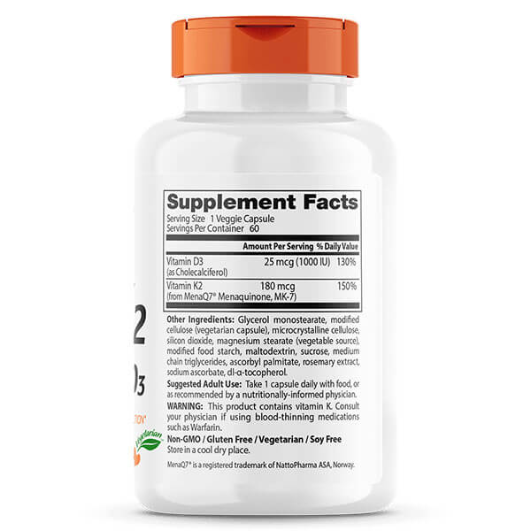 Doctor's Best Natural Vitamin K2 MK-7 with MenaQ7 Plus D3 60 Veggie Caps