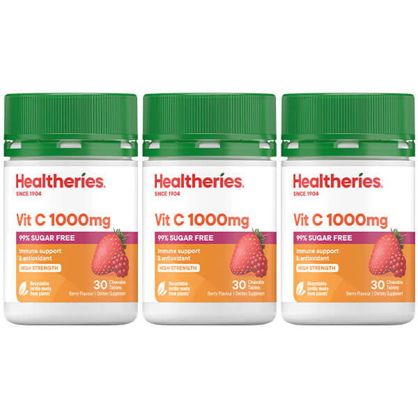 Healtheries Berry Vit C 1000mg 30 Chewable Tablets x3 (3x Bottles)