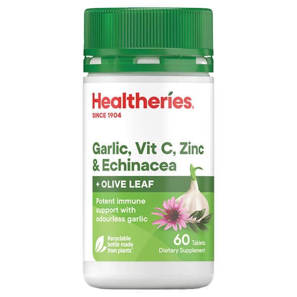 Healtheries Garlic, Vitamin C, Zinc, & Echinacea with Olive Leaf 60 Tablets